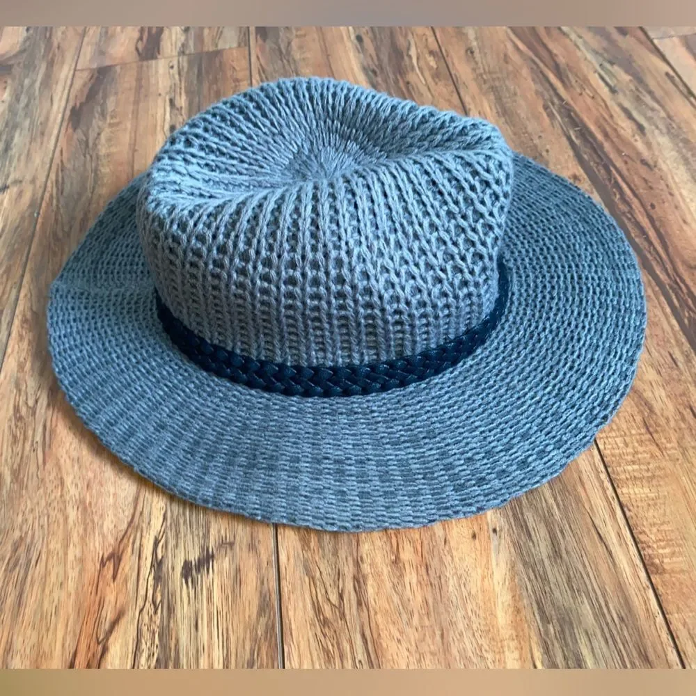 Women’s Grey Crochet Sun Hat | Wide Brim Fedora with Braided Leather Band